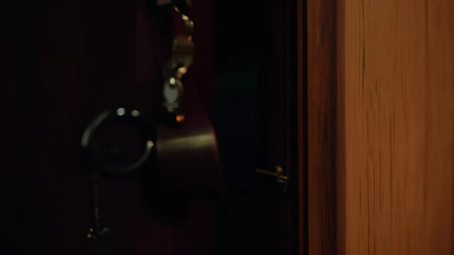A cozy Valentine's Day scene focuses on a heart-shaped keychain hanging from a vintage wooden door slightly ajar, revealing warm inviting light and festive decor