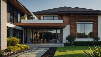 Fototapeta premium Modern home with dark-brown wood siding, large windows, and a covered patio. The landscaping includes manicured lawn and shrubbery. The architectural style is contemporary.