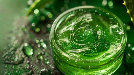 Close-up of vibrant green aloe vera gel in a jar with bubbles, emphasizing hydration, soothing properties, and organic beauty for skincare.