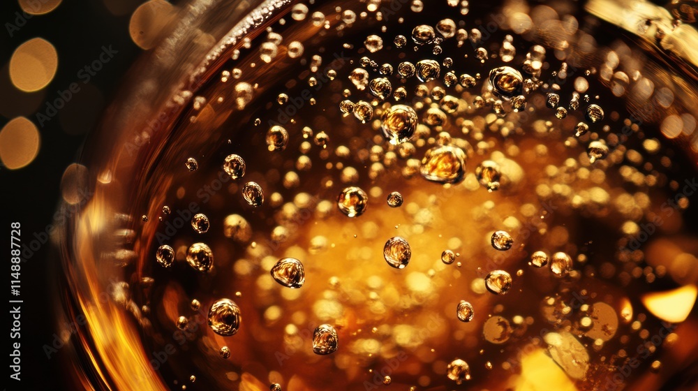 Poster bubbles rise in a glass of sparkling beverage with golden hues illuminated by soft light. generative