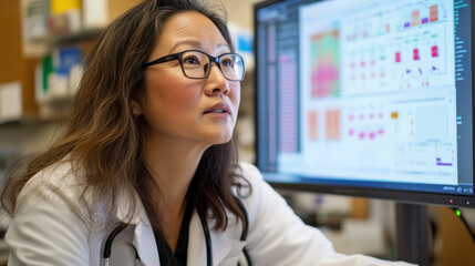 Medical professional analyzing data on computer screen with graphs and charts in a modern healthcare environment, focused expression and professional attire