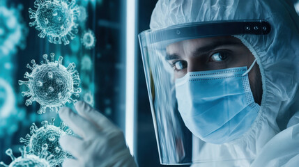 Close-Up of a Research Scientist in a Protective Suit Examining Viral Structures Under Microscope for Discovery and Innovation in Virology and Infectious Disease Study
