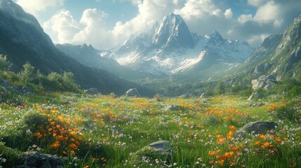 Vibrant wildflowers bloom in a lush alpine meadow, with a majestic snow-capped mountain range in the background under a partly cloudy sky.