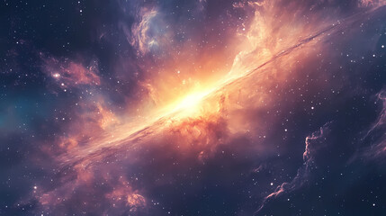 Radiant quasar in distant galaxy with energy jets and nebula clouds. Quasar. Illustration