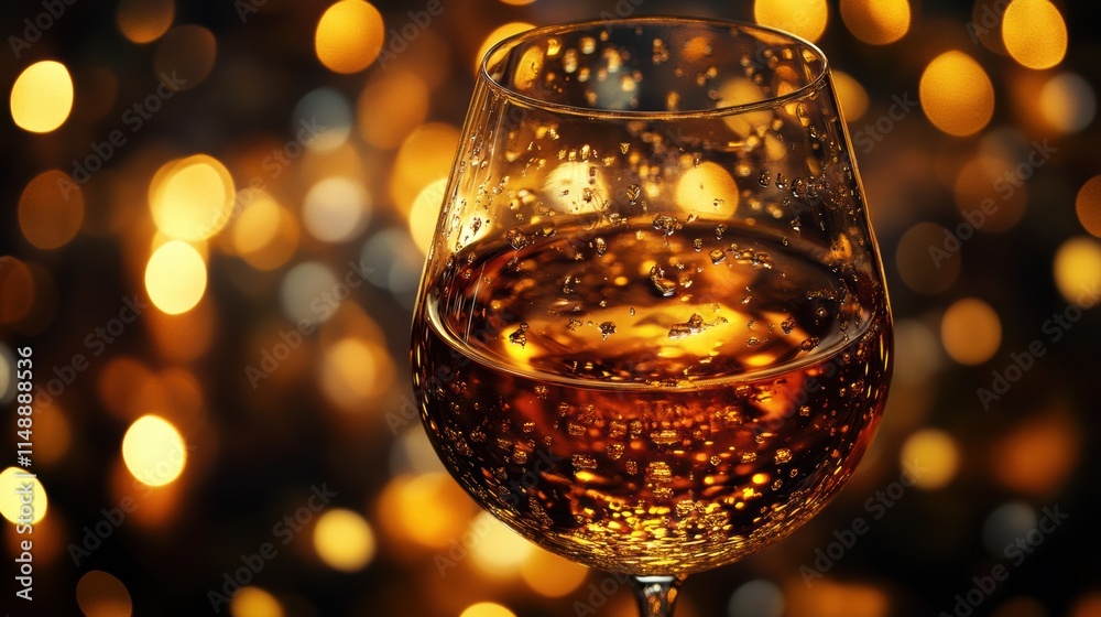 Poster sparkling drink in a glass with golden bokeh lights in the background during a festive evening celeb