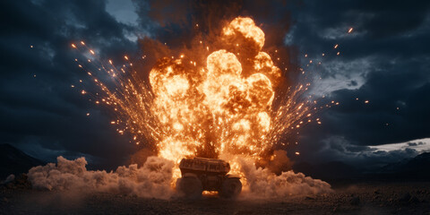 Obraz premium dramatic explosion erupts behind rugged vehicle, creating fiery sparks and smoke against dark, cloudy sky