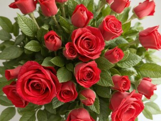 Obraz premium A vibrant bouquet of fresh red roses, lush green leaves, macro,still life,passion