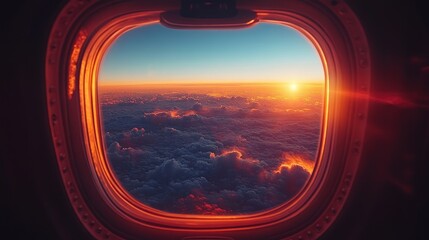 Fototapeta premium Airplane window sunset view over clouds.