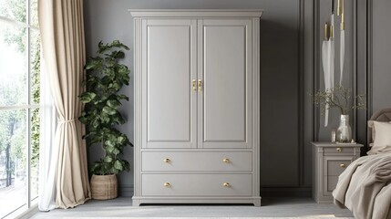 Elegant gray double-door wardrobe with two drawers in bedroom.