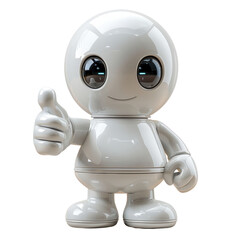 A white robot with blue eyes and a thumbs up gesture