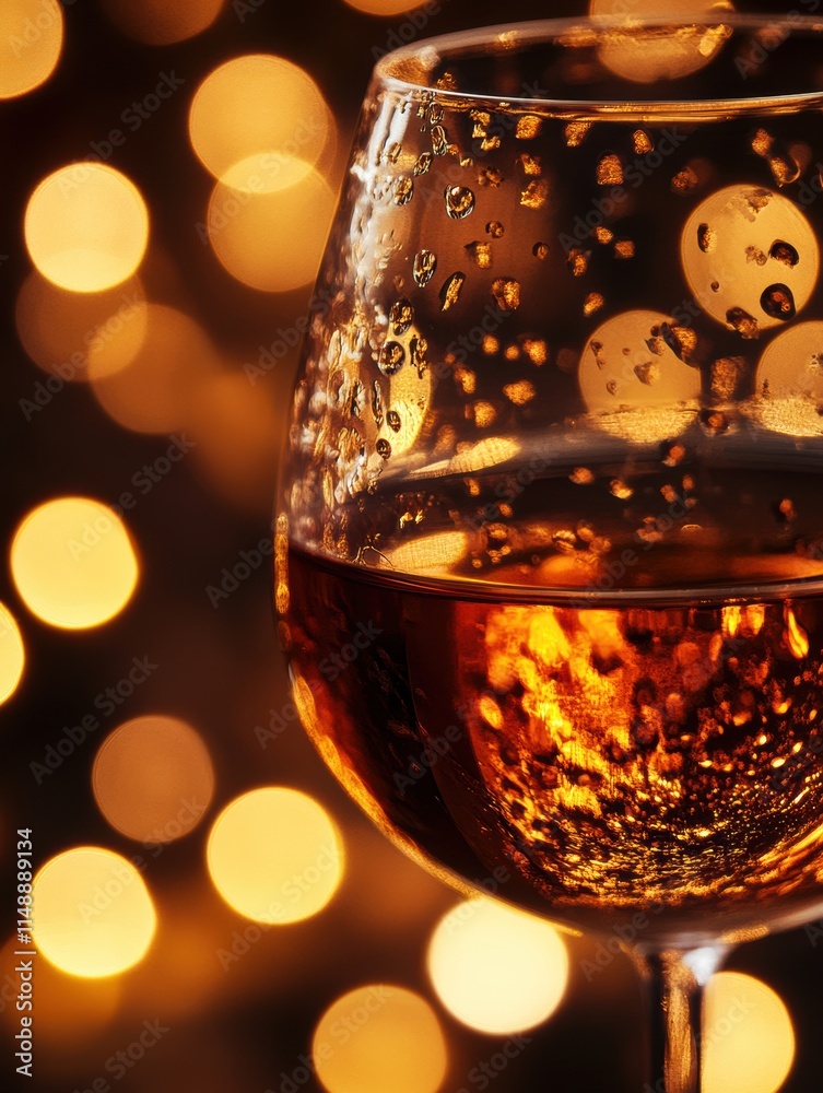 Poster bubbly drink in a glass with condensation against a backdrop of shimmering golden lights at an eveni