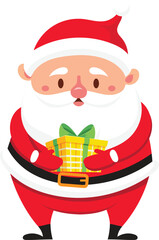 Santa Claus, dressed in a classic red and white costume, joyfully holds a beautifully wrapped Christmas gift adorned with a vibrant green ribbon, embodying the spirit of the holiday season
