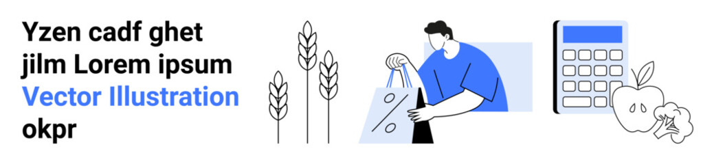 Person carrying a shopping bag with percentage sign, calculator, wheat stalks, and fruits. Ideal for ecommerce, shopping, agriculture, market analysis, financial planning healthy lifestyle