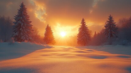 A serene winter landscape showcasing a stunning sunset illuminating snow-covered trees in a peaceful forest scene