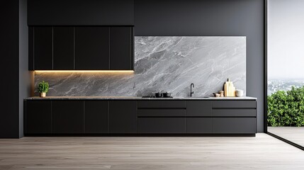 Modern black kitchen with marble backsplash and city view.