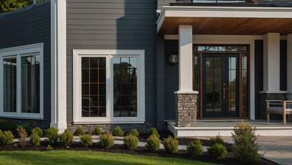 Obraz premium Exterior view of a modern home showcasing dark gray siding, white-framed windows, a stone-accented porch with a double door, and neatly landscaped shrubs.