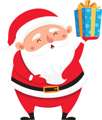 Santa Claus wearing a red suit with a black belt and white fur is holding a Christmas gift, decorated with snowflakes and a golden ribbon while smiling