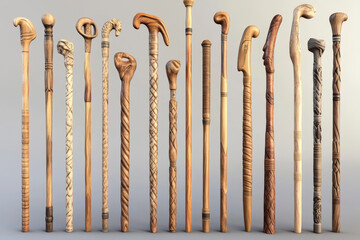Handcrafted wooden walking sticks with intricate designs and textures