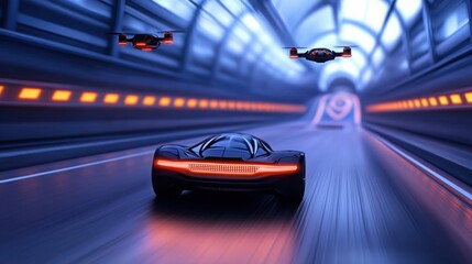 Obraz premium A futuristic sports arena with holographic scoreboards, floating drones capturing the action