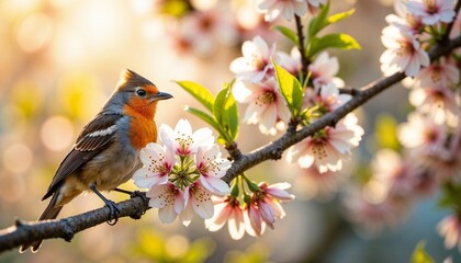 Colorful bird perched on a blooming branch with pink flowers in soft spring sunlight