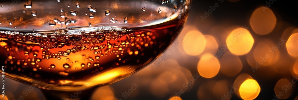 Poster bubbles and reflections in a glass of brown beverage with a warm background glow. generative ai