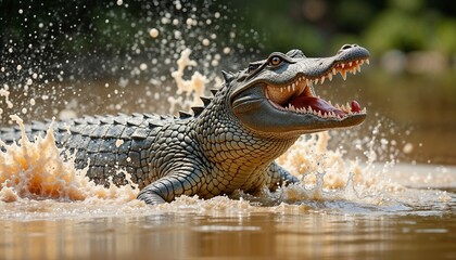 Fototapeta premium Aggressive crocodile splashing water while hunting in a river with fierce expression