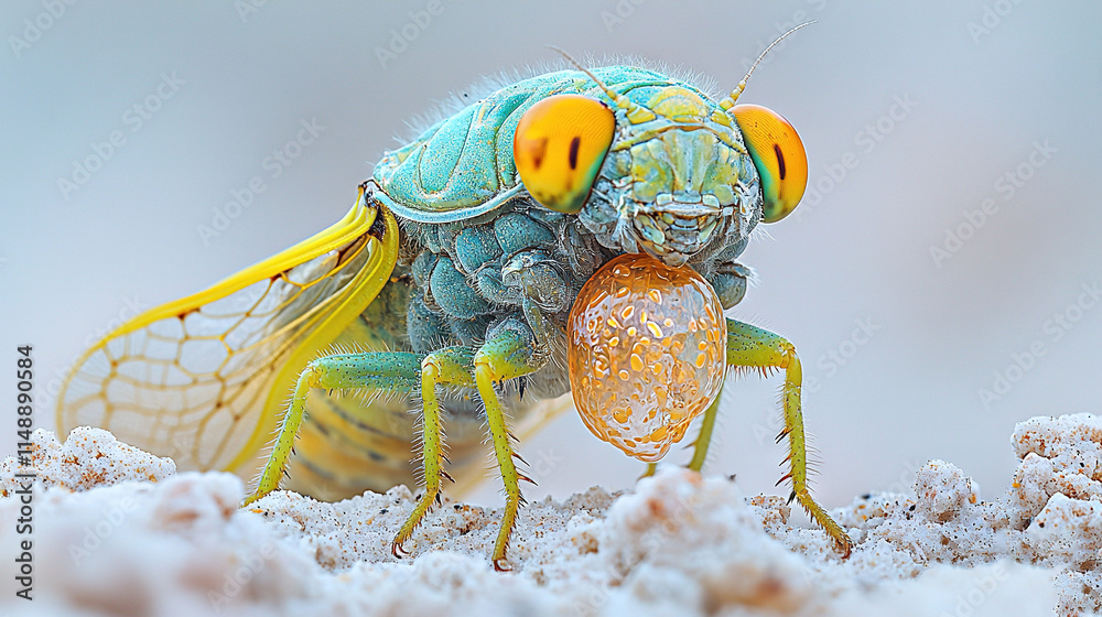 Poster    a green and yellow insect resting on white sand against a backdrop of blue sky