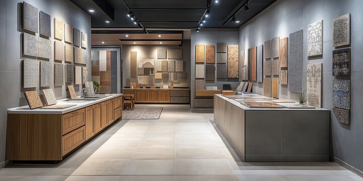 Modern tile showroom displays various flooring, wall tiles. Kitchen, bathroom options shown for home renovation, improvement. Different types of ceramic, marble, granite tiles featured. Showroom