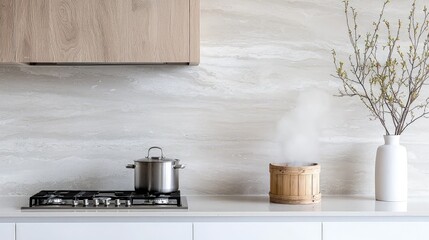 Modern kitchen countertop with steaming pot, wooden basket, and vase of branches.