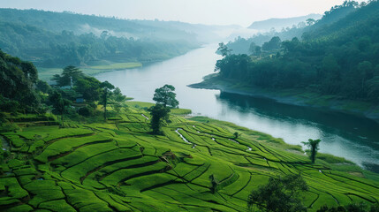 An aerial view of an Assam tea estate, showcasing terraced fields and scenic river backdrops,