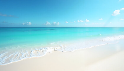Obraz premium Photorealistic pristine clean ocean shoreline with crystal-clear turquoise water, soft white sand, and gentle waves