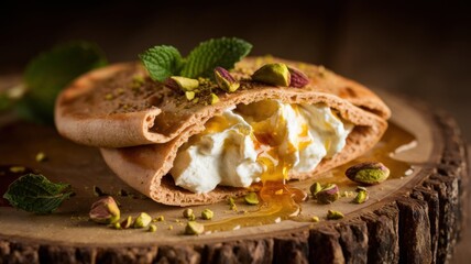 Warm pita bread made from whole wheat flour, slightly opened to reveal a creamy ricotta filling drizzled with golden honey. Garnished with mint leaves and chopped pistachios. Served on a wooden board.