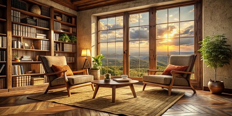 Obraz premium Cozy Reading Nook: Vintage Armchairs by Panoramic Window, Woven Rug, Concrete Floor - Book Club Setting