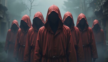 Group of People in Red Hooded Cloaks with No Faces: Mysterious and Intriguing Concept Symbolizing Secrecy, Conspiracy, and Hidden Identities