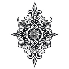 Ornate Symmetrical Lotus Flower With Swirls, Black Ink On White