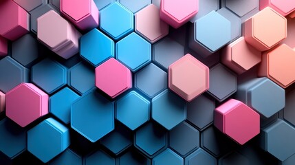 Abstract 3D hexagon pattern in pastel blue, pink and rose colors.