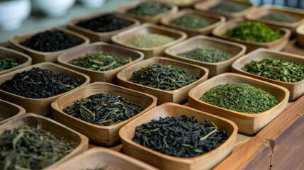Fototapeta premium Artisan tea leaves displayed in handmade bamboo trays, highlighting the heritage of tea culture,
