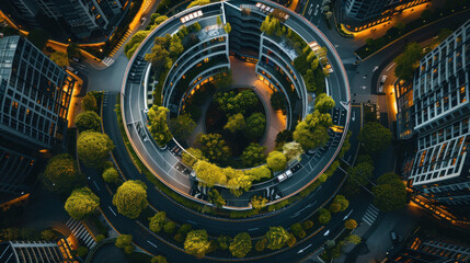 Fototapeta premium A bird's-eye view of a smart eco-city with circular design layouts