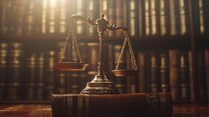 A scale of justice on a book, symbolizing law and fairness in a library setting.