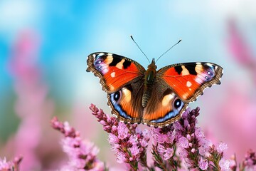 Obraz premium Photo of a butterfly on a pink heather flower with a blurred blue background