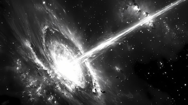 Glowing gamma ray burst in space with intricate quasar details a striking 3d abstract black and white rendering. Quasar. Illustration