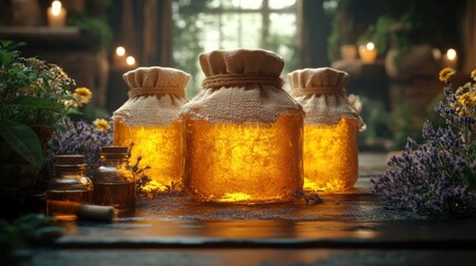 Glowing honey jars, herbs, candles, rustic setting.