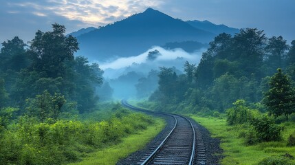 Fototapeta premium Serene mountain landscape with railway tracks winding through lush greenery and misty fog in the early morning light
