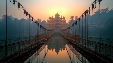 Obraz premium Serene sunrise view of a majestic temple with intricate architecture reflected in calm waters, framed by a suspension bridge.