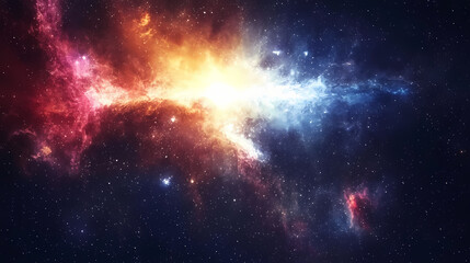 Naklejka premium Interstellar space featuring distant colorful galaxies and a bright enigmatic quasar emitting powerful cosmic radiation. Quasar. Illustration