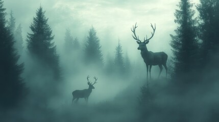 Naklejka premium Majestic deer standing in a misty forest landscape, capturing the tranquility and serenity of natureâ€™s wildlife and foggy ambiance