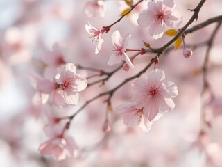 Soft pink sakura petals gently falling against a blurred background, blossom, background, sakura background