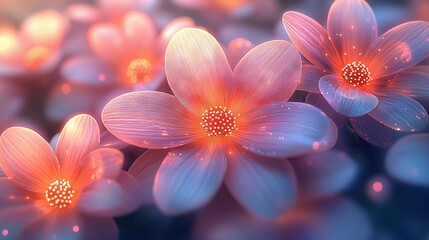   A close-up of several flowers with water droplets on their petals and a blurred background of the surrounding petals