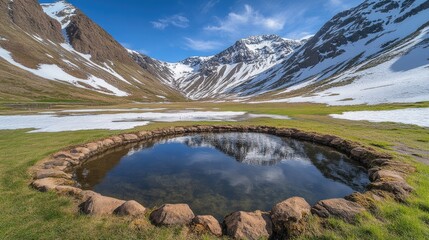 Fototapeta premium Serene mountain landscape with natural reflection pool surrounded by snow-capped peaks and vibrant greenery