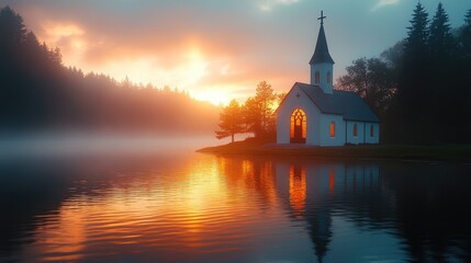 Obraz premium A serene church by a tranquil lake at sunrise, enveloped in mist and reflecting vibrant colors in the water
